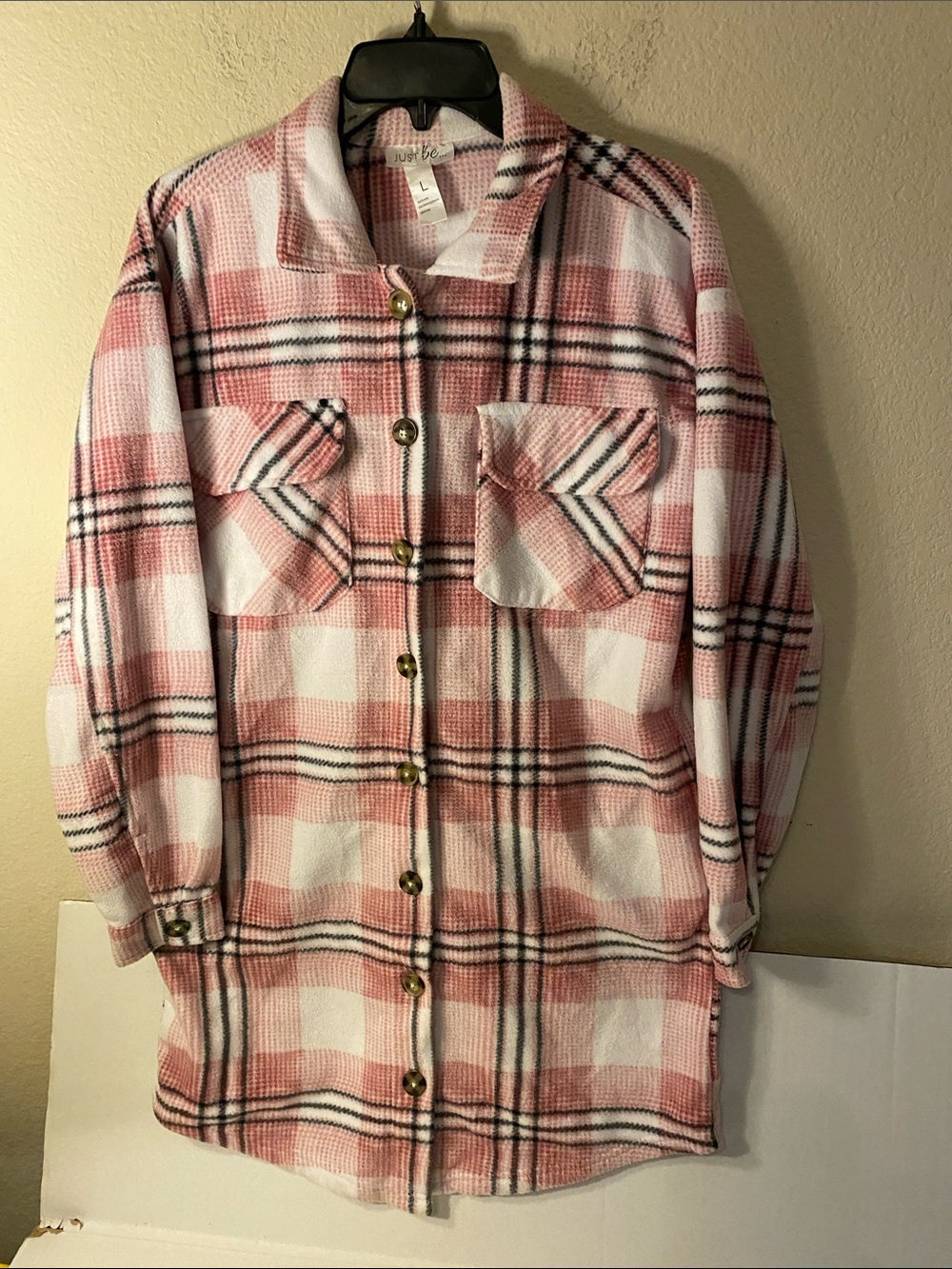 Just Be Pink and White Plaid Shacket with Black Trim